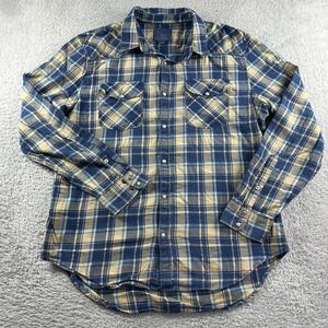 Lucky Brand True Indigo Western Shirt Mens Large Pearl Snap Blue / Yellow Pocket